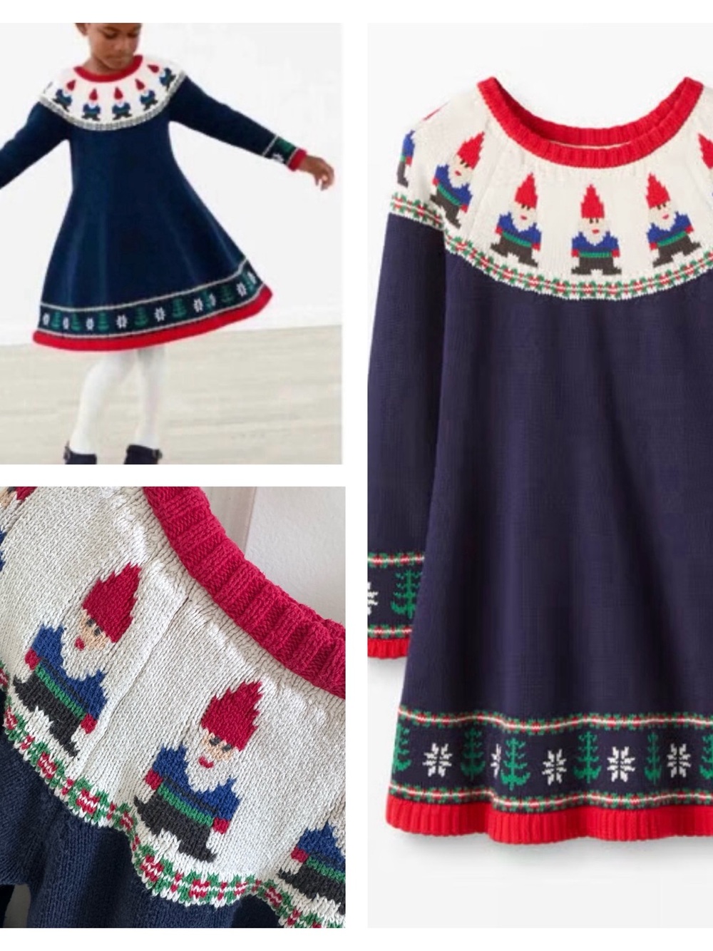 Hanna Andersson girls navy blue Gnome Sweet Gnome holiday sweater dress size 8